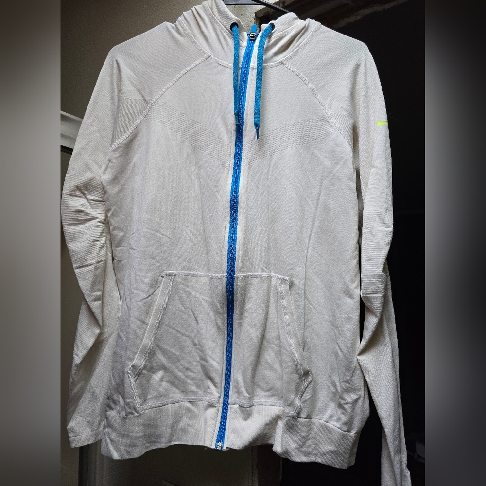 Nike White Hoodie with Blue Zipper